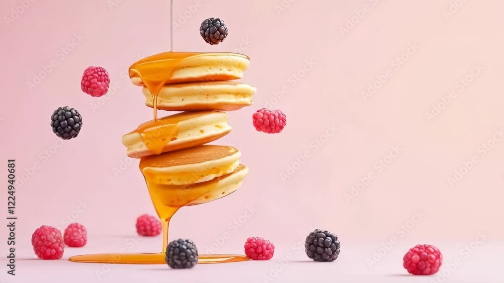Aufkleber Four levitating pancakes with maple syrup dripping and raspberries and blackberries floating on a pink background create a visually appealing breakfast scene
