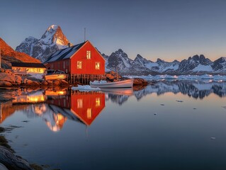 Fototapeta premium Serene Reflection: Red House and Snowy Peaks at Dawn in a Calm Arctic Setting