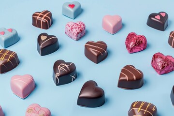 Heart-Shaped Chocolates in Various Designs on Blue Background, valentine day, MZ