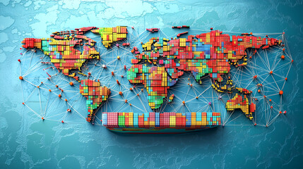 Creative global commerce infographic, world map designed from shipping containers