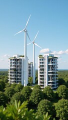 Fototapeta premium Sustainable modern homes surrounded by green spaces powered by wind turbines for an eco-friendly community