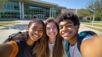 Fototapeta premium Academic Diversity: Students Eagerly Assemble on College Campus, Embarking on a New School Year