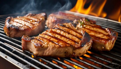 Pork chops coated in BBQ sauce on the grill, professional food photography from an angle view, showcasing rich colors and textures.