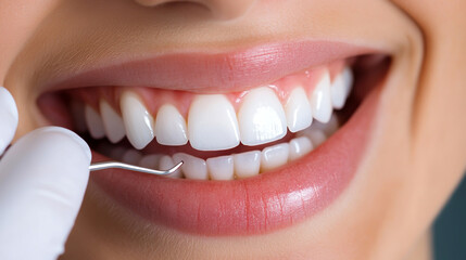 Fototapeta premium Smiling young woman undergoing a dental check-up with a professional dentist wearing gloves, a positive dental care experience, oral hygiene practices, preventive health during the appointment.