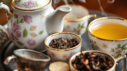Aesthetic Tea Arrangement: Steaming Teacups and Floral Teapot on Wooden Table