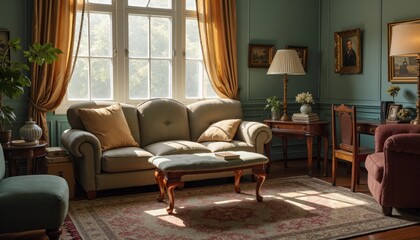 Obraz premium A living room with a couch, a coffee table, and a lamp