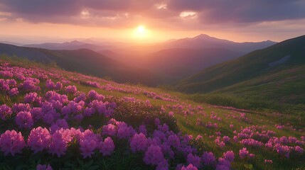 Serene Sunset Over Mountain Landscape with Wildflowers
