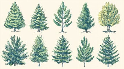 Exploring diverse tree species nature botanical illustrations forest environment artistic viewpoint eco-conservation concept