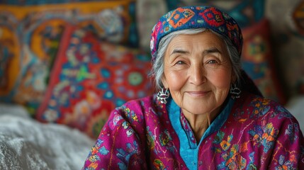 Fototapeta premium Portrait of a smiling elderly woman in traditional Central Asian clothing.