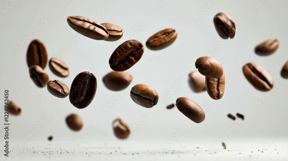 Poster Roasted coffee beans levitating and rotating on a gray background with coffee powder, creating a dynamic and aromatic scene perfect for coffee related projects