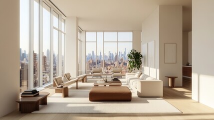 Bright and airy living space in a modern hotel suite with panoramic city views
