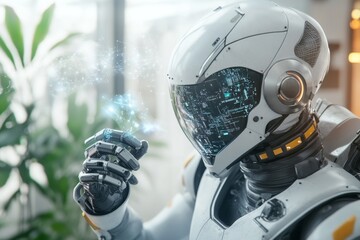 Fototapeta premium A futuristic scene of an AI assistant displaying a holographic dashboard filled with complex graphs, data streams, and interactive 3D models, symbolizing comprehensive analysis
