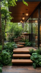 Obraz premium Serene garden pathway winding through lush greenery beside a modern glass structure under soft ambient lighting. Generative AI