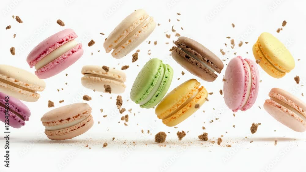 Poster Assorted colorful macarons and crumbs are floating on a white background, creating a visually appealing and dynamic scene that suggests a playful and delicious treat