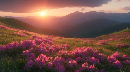 Serene Sunset Over Mountain Landscape with Wildflowers