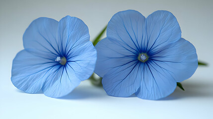 Two Light Blue Flowers Close Up on White Background