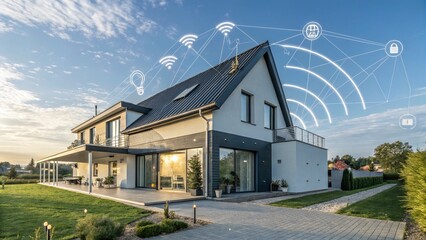 Smart Home Aerial Drone View: WiFi Network, Modern House, Futuristic Design