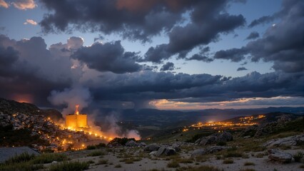 Fototapeta premium A cloudy sky with a fire in the distance