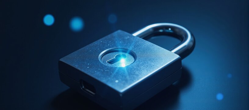 Shimmering blue lights illuminate a master key and its corresponding lock symbolizing data encryption and network protection in cybersecurity