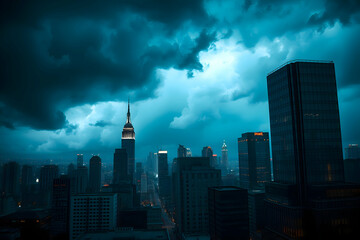 A dramatic cityscape at twilight, with dark, stormy clouds casting dramatic shadows over the tall skyscrapers.. city at night in the background with copy space. cityscape night. cloudy sky city.