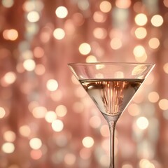 Martini glass with clear liquid against soft focus bokeh lights for elegant celebration