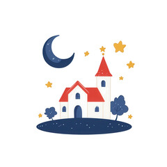 Fototapeta premium A whimsical illustration of a church under a starry night sky with a crescent moon., isolated on a transparent background.