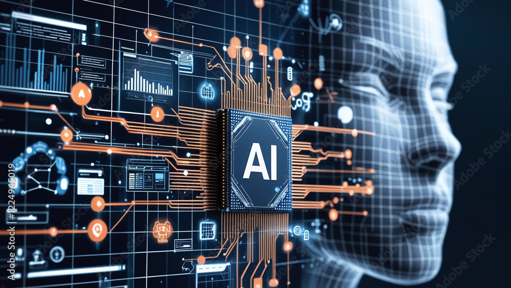 Aufkleber a conceptual illustration related to artificial intelligence (ai). in the center of the image is a c