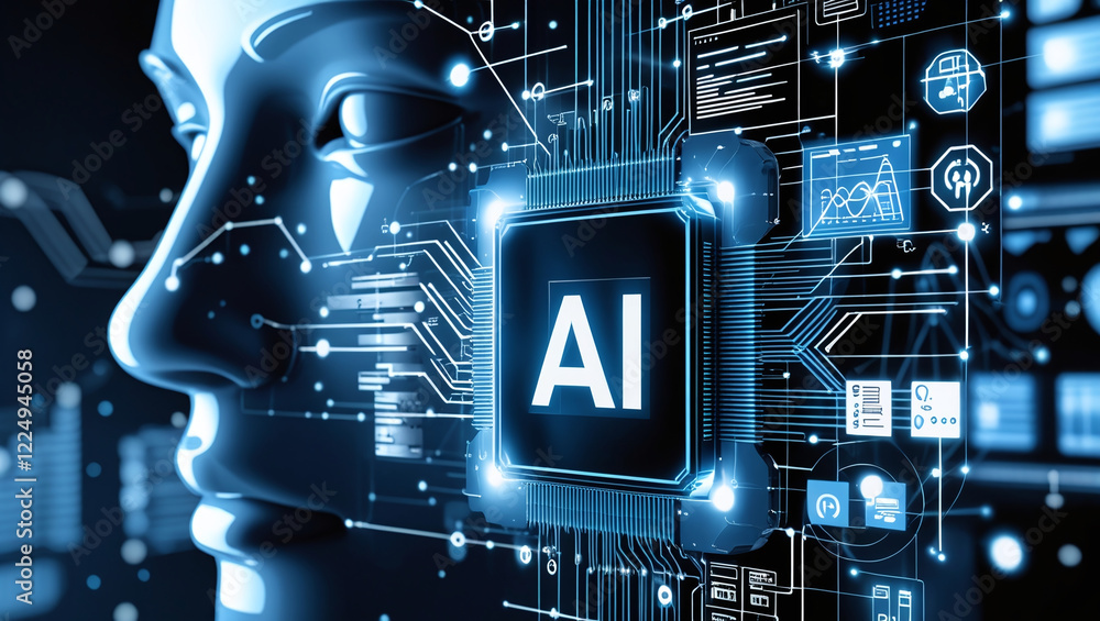 Poster a conceptual illustration related to artificial intelligence (ai). in the center of the image is a c