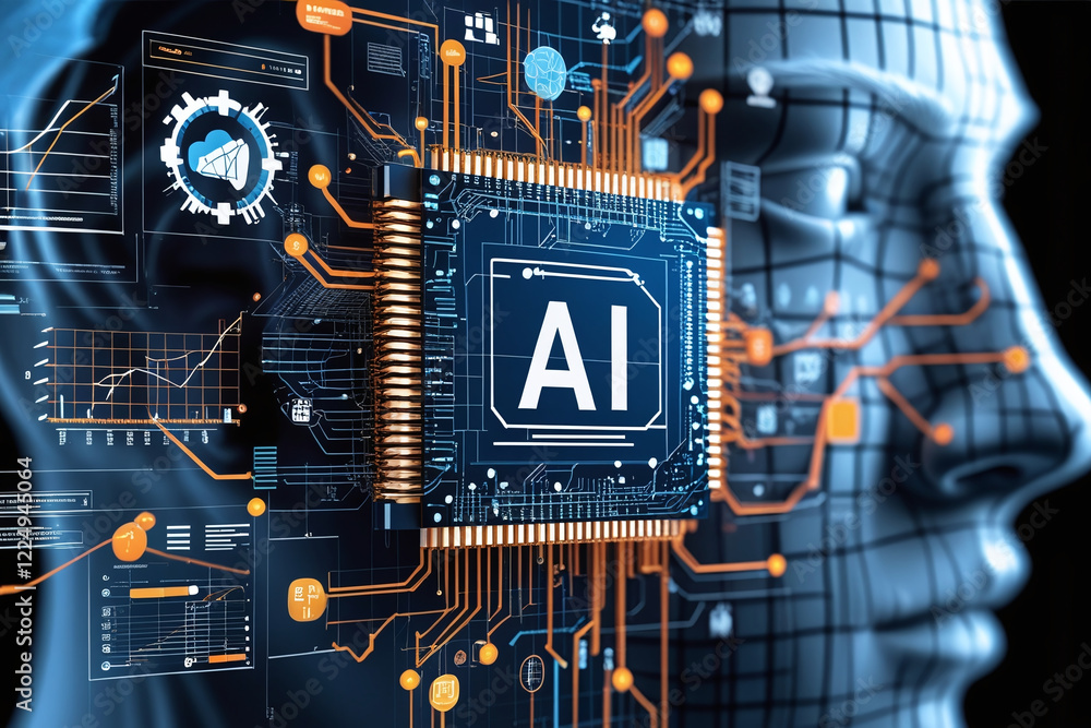 Poster a conceptual illustration related to artificial intelligence (ai). in the center of the image is a c
