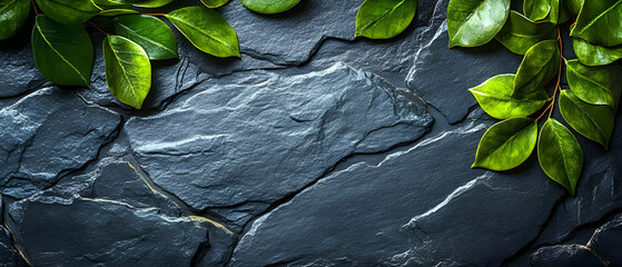 Green leaves on dark stone; nature backdrop