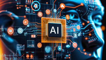 Fototapeta premium a conceptual illustration related to artificial intelligence (AI). In the center of the image is a chip labeled 