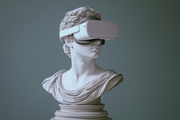 Modern technology meets classical art with a bust wearing virtual reality headset in a minimalist setting