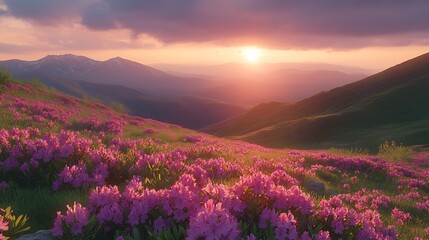 Serene Sunset Over Mountain Landscape with Wildflowers