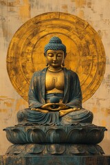 Serene Buddha statue in meditative pose, adorned with gold accents.