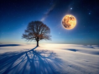 Solitary Winter Tree Under Full Moon - Aerial Snowy Landscape
