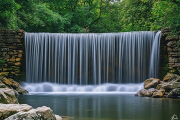 Beautiful waterfall cascades gently over rocks in a serene forest setting during midday sunlight