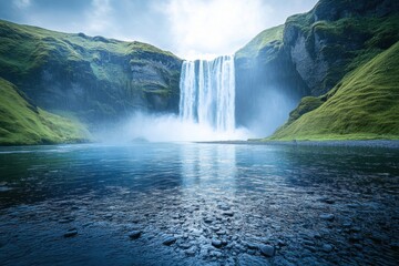 Fototapeta premium Majestic waterfall cascading into serene blue lagoon surrounded by lush green hills in Iceland under a cloudy sky