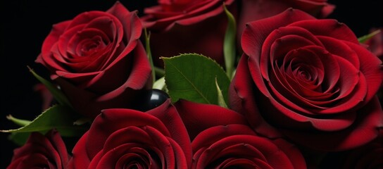 Obraz premium Detailed portrait showcasing close-up of dark red roses with green leaves and black accents