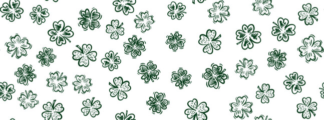 Fototapeta premium Clover pattern on white, Saint Patricks Day, hand drawn illustrations. 