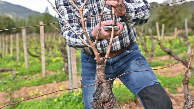 Close-up of the hands of the winemaker pruning the vineyard with professional steel scissors. Traditional agriculture. Winter pruning, Guyot method. Footage.