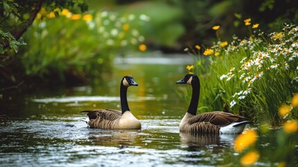 Obraz premium A pair of geese swimming in a peaceful river, surrounded by lush green grass and wildflowers.
