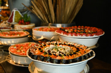 japanese food sushi, sushi on a plate, sushi with salmon and caviar, salmon and caviar, sushi with...