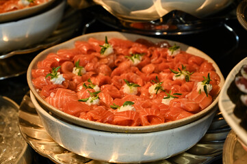 japanese food, raw salmon, buffet, restaurant, haute cuisine, raw fish

