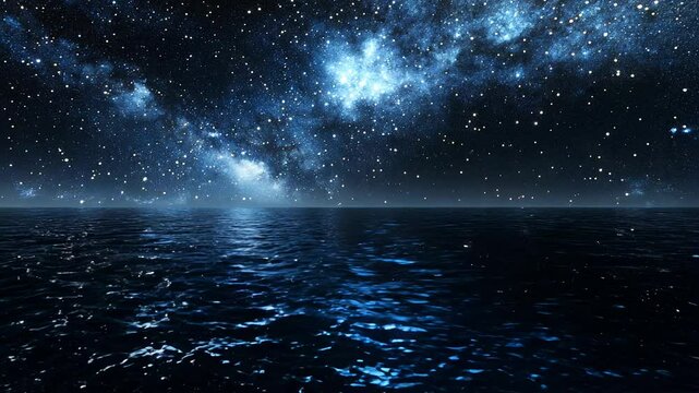 Dark blue ocean reflecting a night sky filled with stars and nebulae. Tranquil, serene atmosphere. Deep blues and blacks dominate