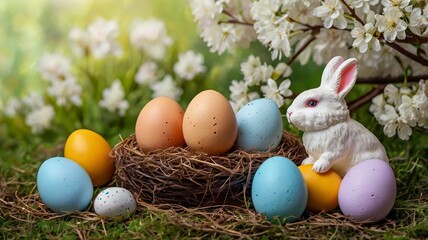 Obraz premium Easter egg and toy car on wooden background, happy easter day concept