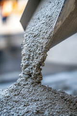 Ready mix concrete at construction site. Concrete mortar flows down the metal chute of the concrete mixer