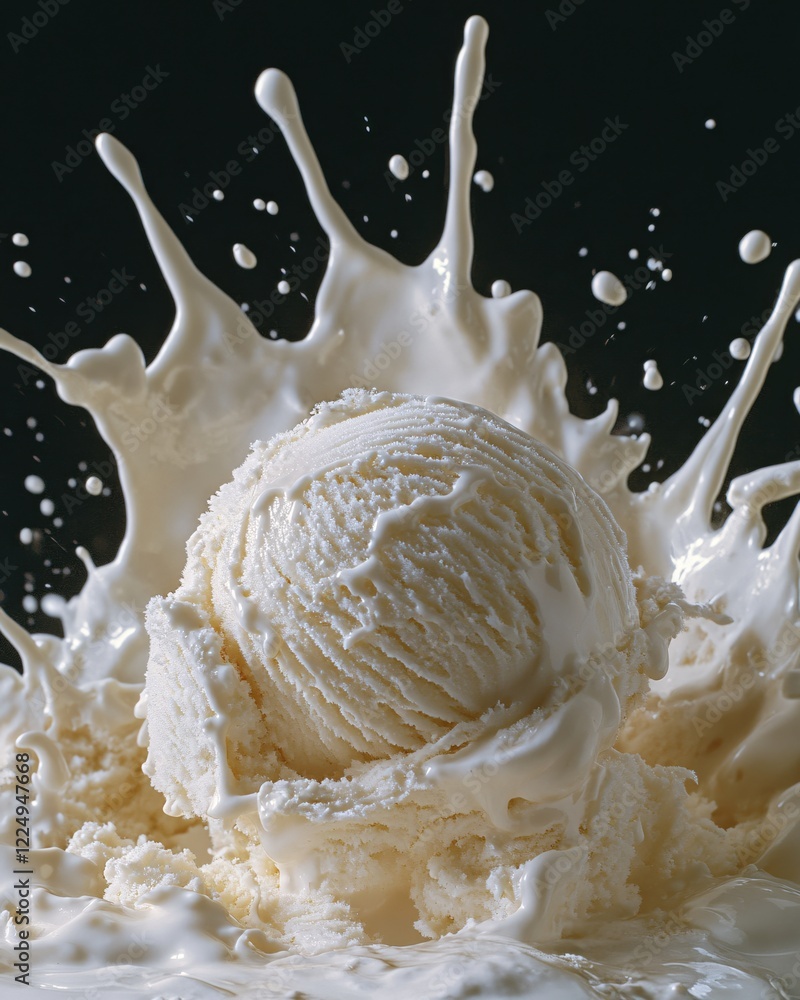 Poster vanilla ice cream scoop with splashing milk on dark background in a dynamic studio shot