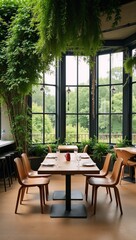 Fototapeta premium Modern eco-restaurant boasts a stunning greenhouse design blending lush greenery wood furnishings and a sleek bar area to represent sustainability natural beauty innovation in dining culture
