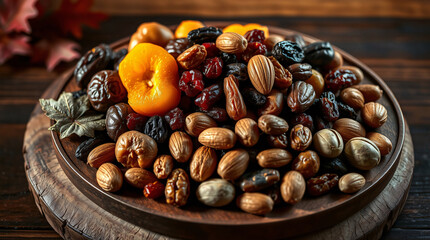 Fototapeta premium A Bountiful Display of Dried Fruits and Nuts on a Rustic Wooden Platter