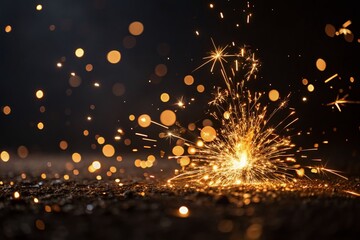 Sparkling Golden Particles & Glowing Bokeh Lights on Black Background - Stock Photo